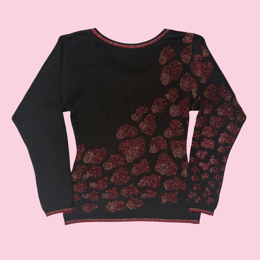Mondi Vintage West Germany Metallic Red Leopard Print Knit Top Black Size 34